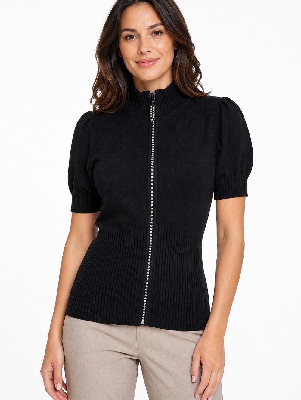 Belldini Women’s Black Rhinestone Zip Puff Sleeve Sweater Cardigan Y2K- Medium